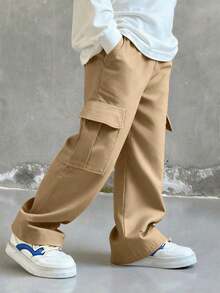 1pc Young BoyAll-Match Solid Color Comfortable Simple Versatile Cargo Pants - Khaki - View 4