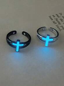 2pcs/Set Couple Rings, Glow-In-The-Dark Silver & Black Cross Design, Magnetic Open Adjustable Rings, Casual Jewelry Accessories Suitable For Daily Wear And Holiday Gifts, Comes With Brand Box