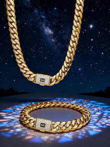 Miami Cuban Link Chain 14mm 14K Gold Plated - 316L Stainless Steel Lifetime No Tarnish Waterproof With Luxury Iced Diamond S Logo Clasp, Hip Hop Streetwear Jewelry - 金色 - 查看 1