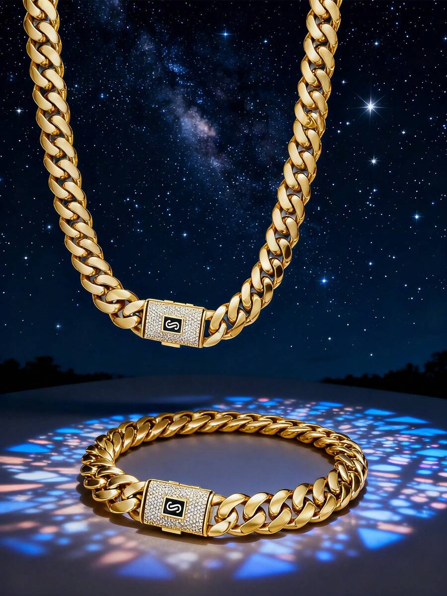 Miami Cuban Link Chain 14mm 14K Gold Plated - 316L Stainless Steel Lifetime No Tarnish Waterproof With Luxury Iced Diamond S Logo Clasp, Hip Hop Streetwear Jewelry - 金色 - 查看 1