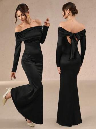 Women's Sexy & Elegant Autumn-Winter Satin Long Dress – Solid Color, Slim Fit, Long Sleeve, Off-Shoulder, Waisted, Twisted Fishtail Hem, Back Bow Decor, Suitable For Weddings, Parties & Gatherings New Years Mermaid Wedding