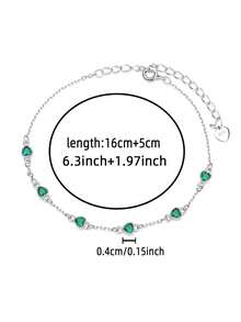 1pc Luxury 925 Sterling Silver Cubic Zirconia Heart Pendant Bracelet, Emerald Green High-End Fashion Jewelry, Adjustable Chain Anklet, Elegant Jewelry Gift For Friends, Mothers, Wives, Daughters, Christmas, Birthday, 1.45g/0.051oz - White Gold - View 4