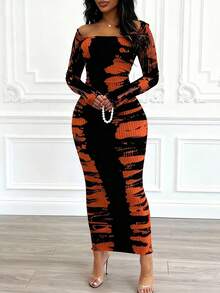 Spring And Summer Elegant Long-Sleeved Ankle-Length Tie-Dye Contrasting-Color Print Tight-Fitting Dress, Sexy Tight-Fitting Figure-Hugging Long Dress For Women - trái cam - Xem 3