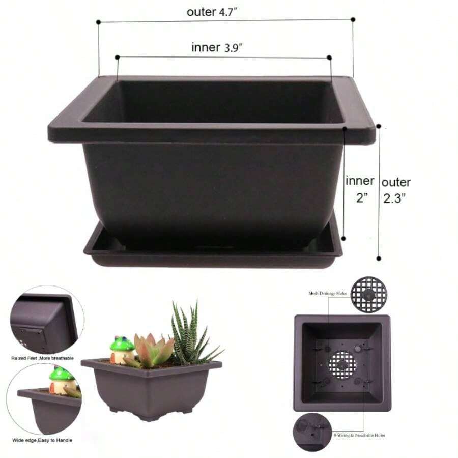 8PCS/Pack Retro Style Square Small Bonsai Training Pots with Tray, Plastic Mocha Garden Flower Pot 4. inch - 8 piezas cuadradas pequeñas de 4,7" - Ver 1