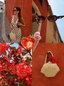 VIBEWAVE 法式性感波点V领连衣裙，杏色收腰时尚缎面波点印花连衣裙 - 白色 - 查看 5