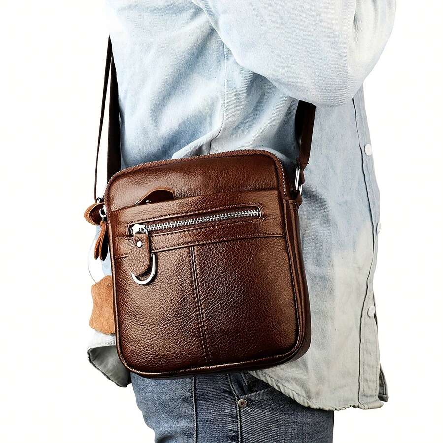 A High-Quality Men's Shoulder Bag Made Of Genuine Leather, Crafted From Premium Cowhide – With An Adjustable Shoulder Strap, Robust And Durable, Suitable For Everyday Use And Travel, Stylish And Versatile, Perfect For Casual Outfits. - 棕色 - 查看 1