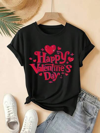 Fashion  Fashion Women's Sports Series Valentine's Day Fashion Geometric Heart Pattern "Happy Valentine's Day" Letter Print Casual Round Neck Short Sleeve T-Shirt Classic Versatile