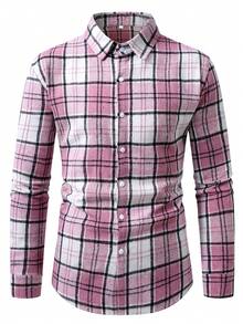 男士厚格纹法兰绒长袖衬衫，商务休闲，新款绿色，秋冬款 - 粉色 - 查看 2