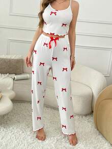 2 piezas Conjunto de pijama a rayas para mujer, top de camiseta con lazo dulce y pantalones largos blancos, ropa de casa cómoda, primavera/verano - Blanco - Ver 4