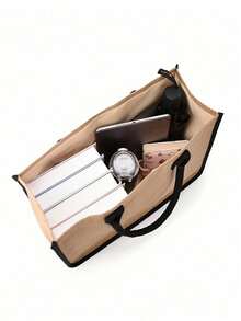 Bộ túi xách và túi đựng mỹ phẩm in tên và họa tiết vòng hoa theo yêu cầu, túi tote vải lanh cỡ lớn dành cho nữ, túi mua sắm tái sử dụng, túi đựng đồ tiện dụng, túi tote đa chức năng họa tiết hoa, túi xách và túi đựng mỹ phẩm nhẹ nhàng, tiện dụng, dễ thương, kiểu dáng sinh viên, màu trơn. - Nhiều màu - Xem 7