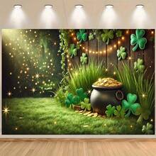 1. Tło baneru z okazji Dnia Świętego Patryka, irlandzka dekoracja na imprezę z doniczką na złote monety, czterolistną koniczyną i koniczyną, idealne na urodziny, wesele, do ogrodu i salonu, tło do zdjęć