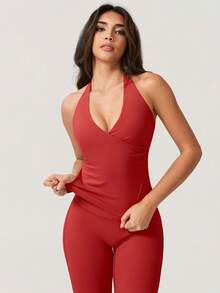 NcmRyu 1 Set Women's Sexy Halter Deep V-Neck Backless Shaping Flared Sports Suit - 紅色 - 查看 7