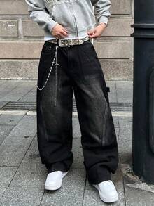 1pc Vintage American High Street Embroidered Patchwork Loose Baggy Distressed Jeans For Men, Fashion Versatile Casual Long Pants (No Belt & Accessories)