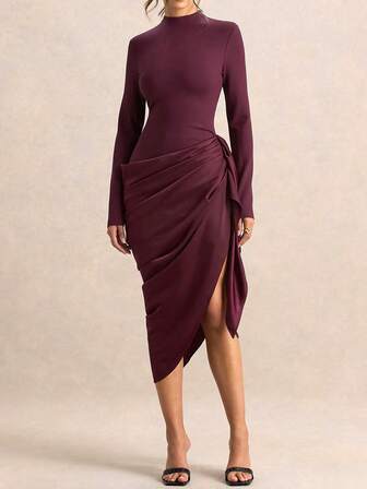 Vestido mini sexy y vintage para mujer, de tela de punto, de manga larga, con cuello alto y ajuste ceñido