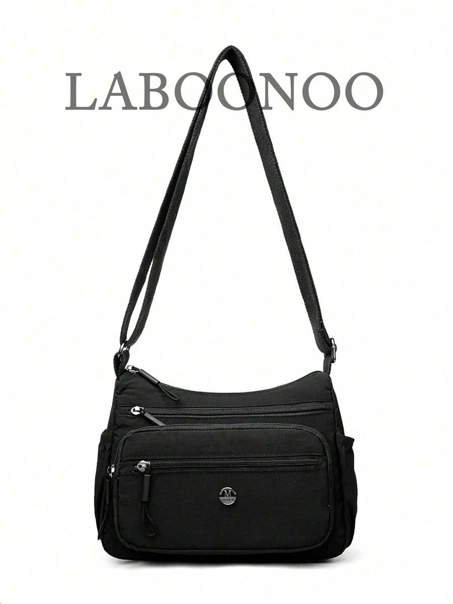 Casual Nylon Shoulder Bag With Adjustable Strap, Multi-Compartment, Solid Color, Zipper Closure, Polyester Lining, Lightweight And Convenient Crossbody Bag For Daily Use - Black - View 1