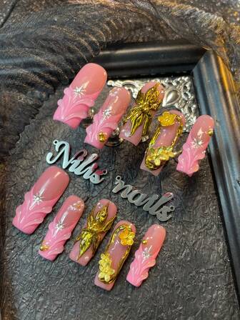 10pcs Long Square Nails,Pink Nail, Light Pink French,3DThree Dimensional Flower&Steel Balls&Diamond Nail Decoration Accessories,Hand-Painted Water Droplets&Star Lights&Chrome Nail Powder Flowers&Geometric Pattern Design,Y2k Style Nail Art Set, Suitable For Women To Wear Daily Parties Valentine's Day (Includes: A Piece Of Jelly Glue And A Friction Strip)