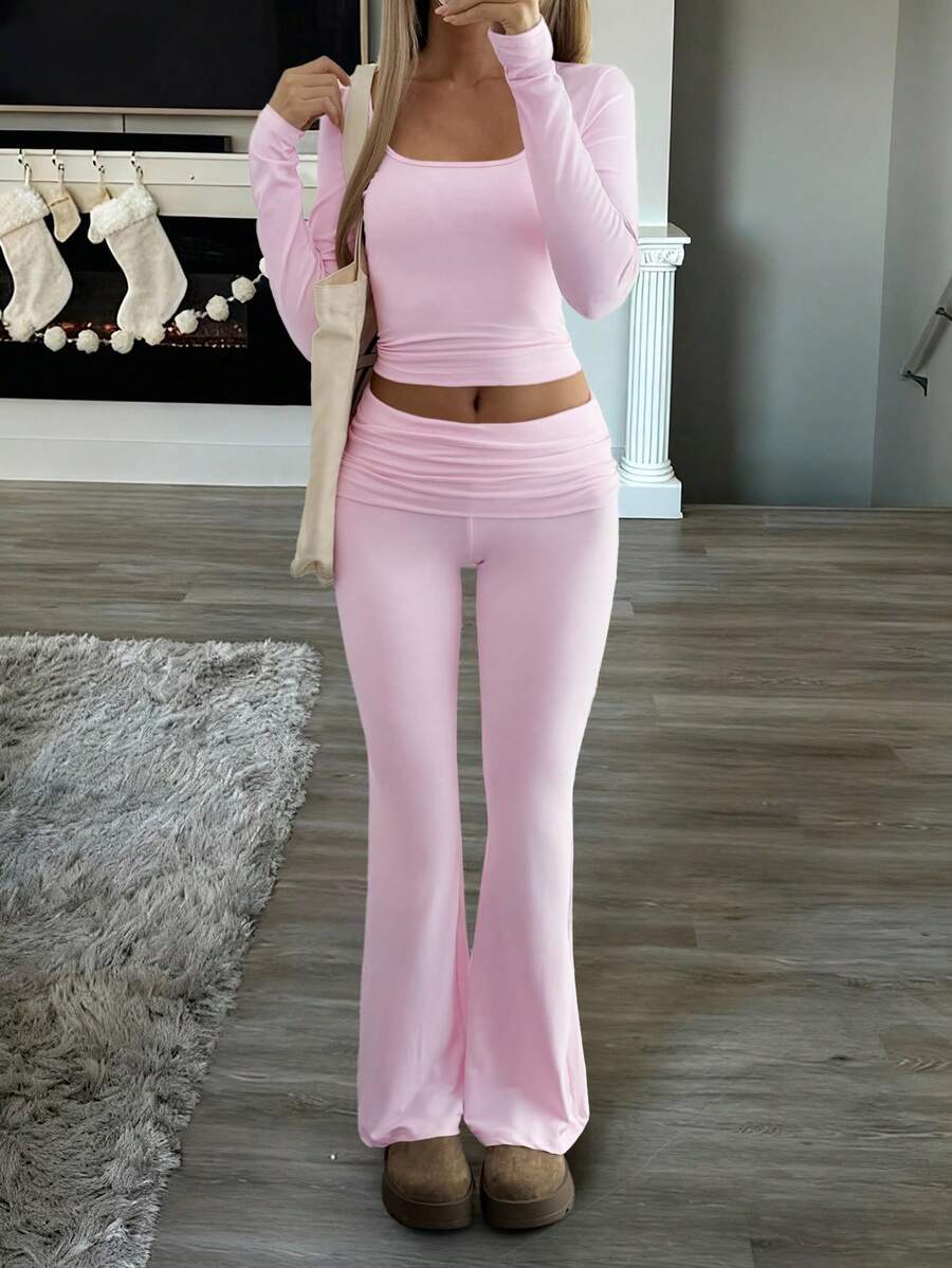 GAOVOT 女士两件套春夏 Y2K 修身性感纯色方领长袖上衣和微喇叭裤套装 - 粉色 - 查看 1