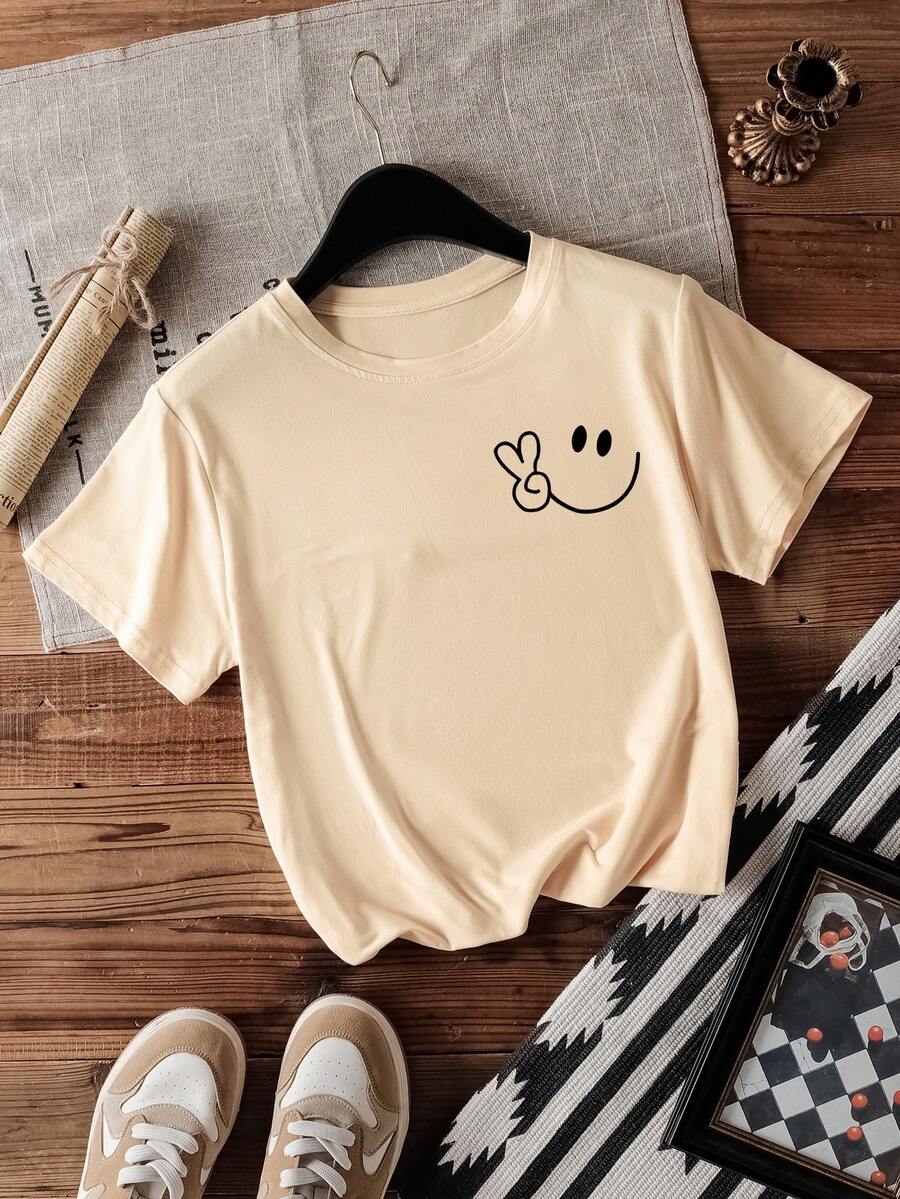 Women's Summer Y2K Geometric Print Solid Color Crew Neck Loose Casual T-Shirt - Khaki - View 1