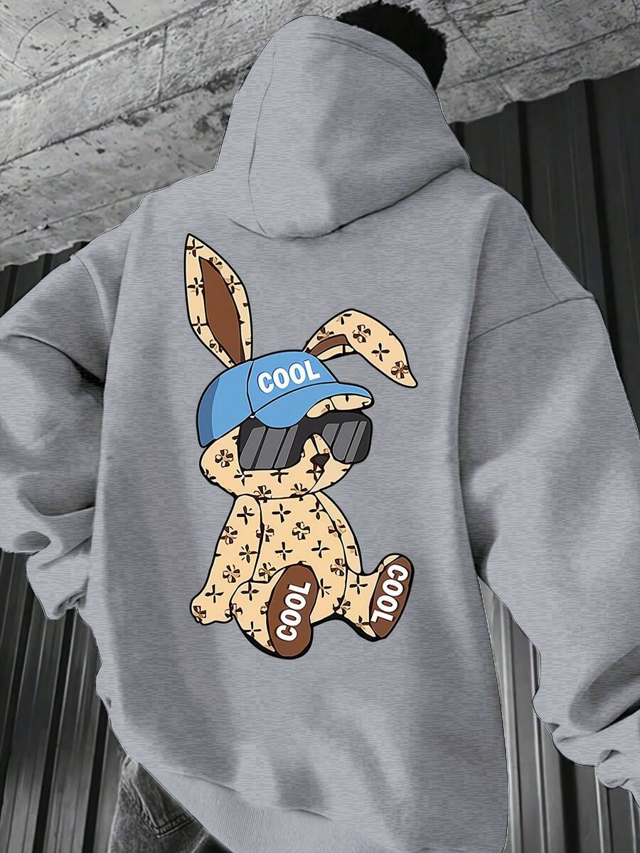 Nueva Sudadera con Capucha de Hombre con Estampado de Conejo de Moda, Camisa de Manga Larga a Cuadros Casual, Adecuada para Primavera y Otoño Invierno - Gris - Ver 1