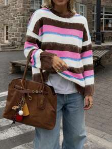 2025 Nuevo suéter casual de mujer de manga larga con cuello redondo, contraste de color a rayas, material de lana, Otoño/Invierno