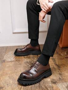 Men's Versatile Korean Style British Casual Lace-Up Thick Sole Solid Color Business Shoes, Suitable For Party, Commute, Street Wear, All Season - màu nâu - Xem 2