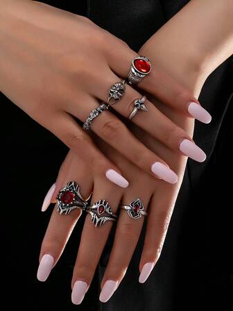 7件套朋克风独特纹理戒指套装，百搭女士日常、派对佩戴或作为礼物