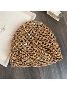 1pc Women's Fashion Hollow Crochet Sequin Beanie, Suitable For Everyday Wear,Hijab,Moños,Hijabs For Women,Diademas Mujer,Men Hats,Gorras Para Mujer,Ganchos Para El Cabello,Accesorios Para El Pelo,Hats,Lazos Para El Cabello,Cap For Women,Hat,Bucket Hat,Gorros,Gorro,Beanie Women,Beanies For Women,Christmas - Gold - View 4
