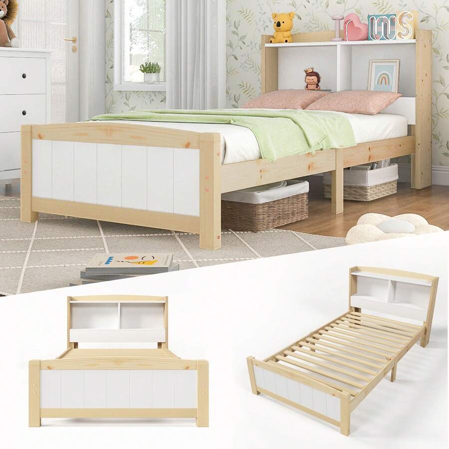 Solid Wood Single Bed With Storage Headboard, 90 X 200 Cm Bed Frame With Slatted Base, Wooden Bed With Headboard, Children's Bed, Teenager's Bed, Solid Pine, Natural And White (Without Mattress Or Drawers) - White + Solid Wood - View 1