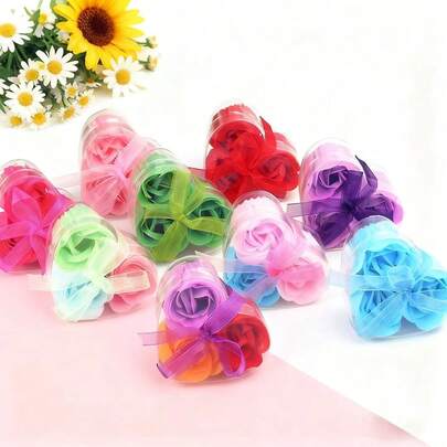 3支心形透明PVC玫瑰花束，人造玫瑰花头，适用于多种场合的桌面装饰，无需电池，适合婚礼、圣诞节、感恩节、情人节、冬季装饰