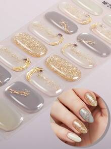 16pcs Semi Cured Gel Nail Strips, Simple Golden Glitter Lines Gel Full Nail Wrap, Easy To Manicure, UV Lamp Required, Suitable For Women's Daily Dating Home DIY Nail Stickers - Multicolor - View 11