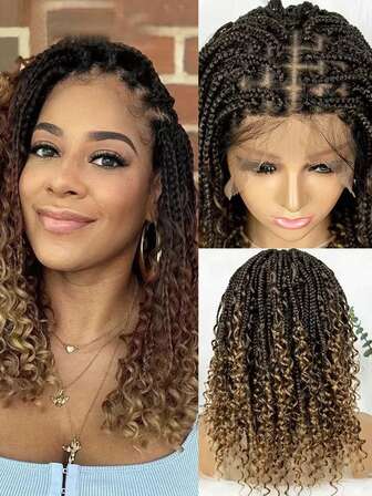 A ANYTIME Peluca trenzada bohemia corta con trenzas en caja, peluca trenzada estilo boho con encaje completo, cabello sintético rizado con pelito de bebé para mujeres