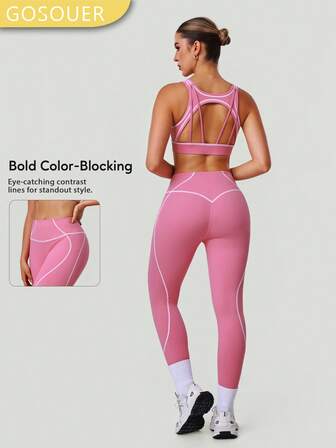 GOSOUER قطعتان من طقم تدريب الرياضي مع تصميم ألوان متباينة وخطوط، حمالة صدر رياضية ظهر مفتوح وبنطال رياضي رفع الأرداف للركض والتمارين اليوغا