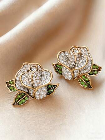 1 Pair Vintage Rhinestone Rose Flower Earrings, Fashionable & Versatile
