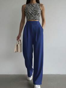 Women's High Waist Wide Leg Pants With Waist Patch And Adjustable Waistband - Màu xanh hải quân - Xem 7