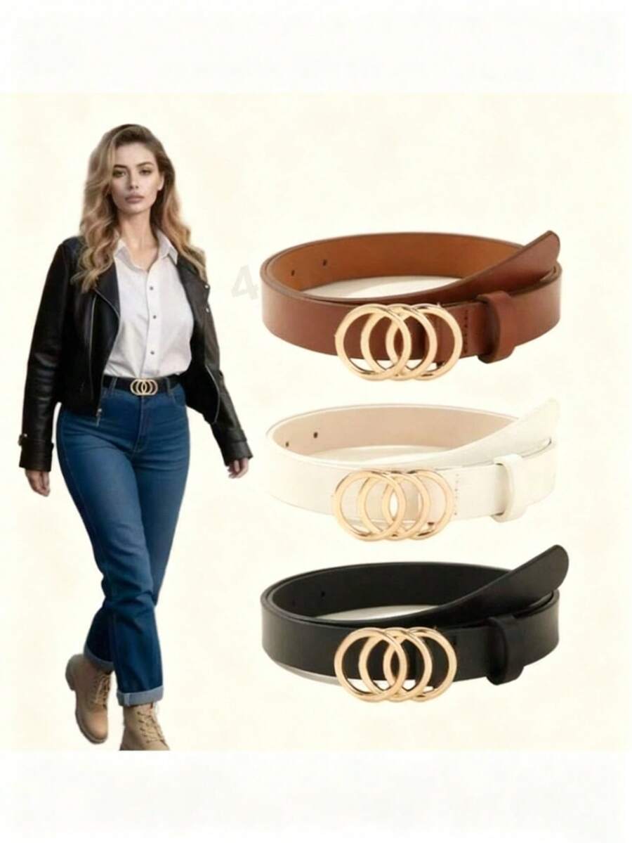 3 Piecesone Size Fits All Combination Set PU Golden Classic Waist Belt With Three Ring Alloy Buckle Decoration, Women's Versatile Belt That Can Be Used All Year Round