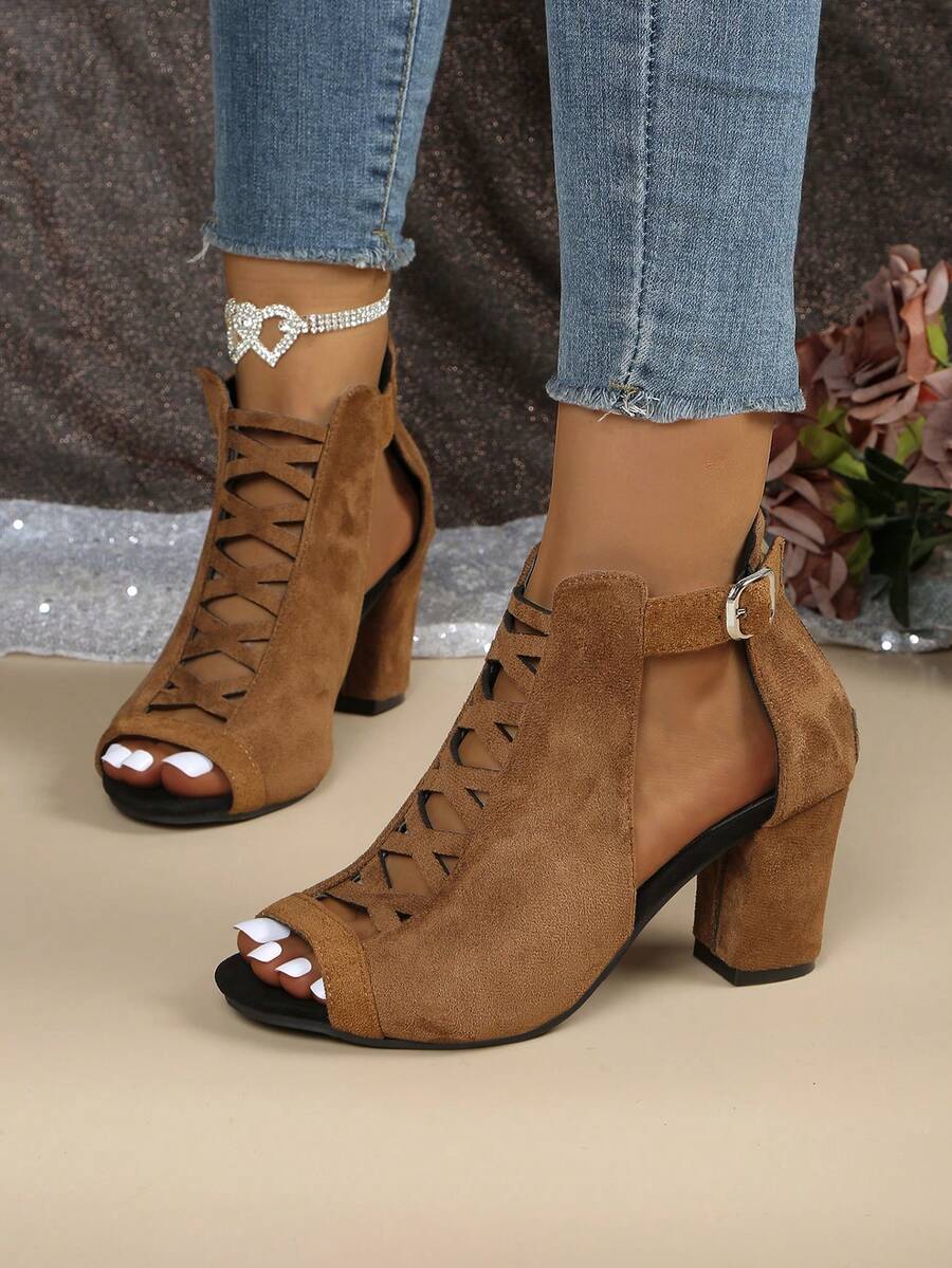Women's High Heel Sandals, Casual Hollow Out Open Toe Peep-Toe Chunky Heel Shoes - Khaki - View 1
