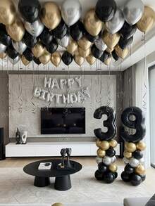 43件套豪华生日派对装饰：16英寸银色“生日快乐”字母横幅气球、18英寸黑/银色心形铝箔气球、10英寸黑/金/银色乳胶气球，打造优雅生日派对装饰和房间装饰。 - 彩色 - 查看 9