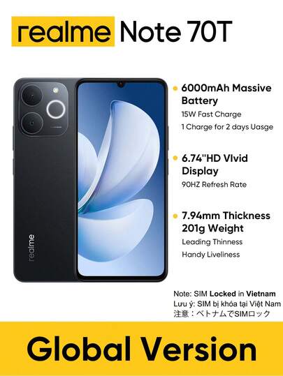 Realme Note 70T 4G Unlocked Cellphone 4GB+64GB/4GB+128GB/4GB+256GB Global Version 4G LTE, Android 15 Smartphone, 50MP AI Camera, 90Hz Display Mobile Phone Pluse Light, 6000mAh Massive Battery, 15W Fast Charge, Octa-Core Chipest, No Adaptor