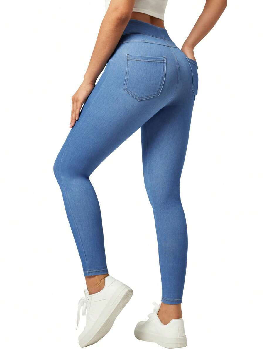 Stretchy Jeans For Women High Waist Jeggings Tummy Control Skinny Jeans Pull On Leggings With Pockets Casual - 淺藍色 - 查看 1