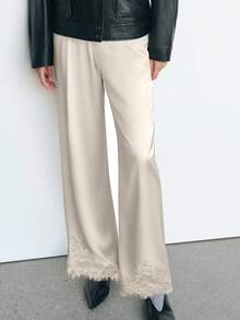 Women Satin Wide Leg Y2k Dress Pants Silk Casual Dressy Long Flowy High Waist Solid Loose Fit Lounge Pants Elastic Trousers Pantalones De Mujer Petite Women Clothes Work Trousers - 白色 - 查看 2