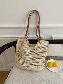 Bolso grande de capacidad hecho a mano, bolso de paja nuevo para mujer 2025, bolso de hombro para vacaciones en la playa, bolso de mano para ir al trabajo, extra grande - Beis - Ver 5