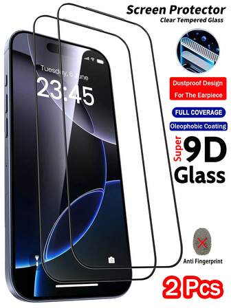 2片装9D全覆盖钢化玻璃膜，兼容 17/16/15/14 Plus/13/12/11 Pro Max/XS/X/XR系列屏幕保护膜，透明胶水保护膜，透明防刮，安装无气泡，耳机孔防尘设计
