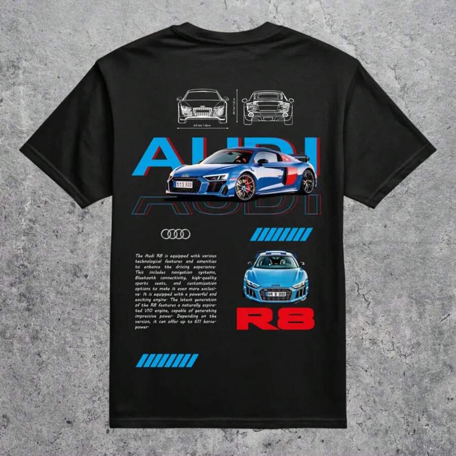 Audi R8 T-Shirt, Audi R8 Tee, Car T-Shirt, Car Tee, Sports Car T-Shirt, Sports Car Tee, Car Fan Shirt, Oversize Car T-Shirt, Car Apparel - 黑色 - 查看 1
