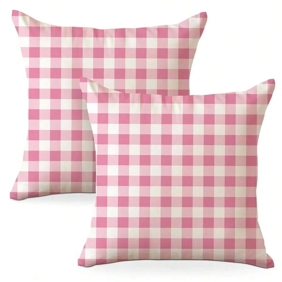 Pink Checkered Pillow Covers 18x18 Pack Of 2, Classic Plaid Gingham Throw Pillow Covers, Pillow Covers For Office Living Room Farmhouse Bed Sofa Couch Decor, Aesthetic Cushion Covers Pillow Cases,Pinkwhiteplaid05 - 粉紅白格子05 - 查看 1
