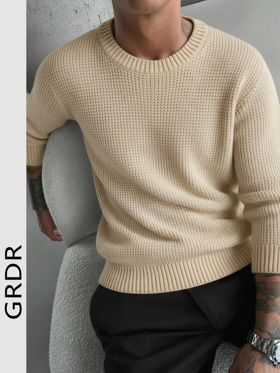 Suéter de Gola Careca de Manga Longa com Jacquard Casual GRDR para Homens - Caramelo - Visão 1