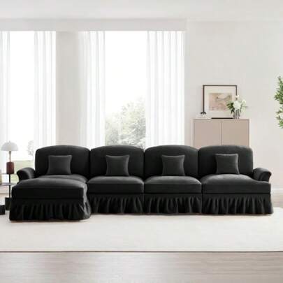 Classic Modular L-Shaped 4-Sitzer Sofa With Chenille With Trichter-Armlehnen, Abnehmbarer Rüschenschürze, Spindelförmigen Beinen & Beweglichem Hocker – Tiefer, Bequemer Sitz Fürs Wohnzimmer,Schw