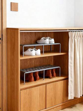 1个可伸缩鞋架，多功能节省空间鞋架，衣柜分隔架，双层桌面收纳架，厨房碗碟杯具晾干架