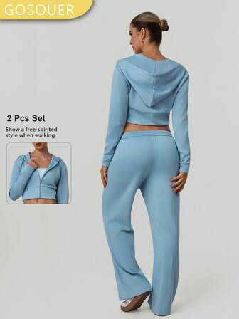 GOSOUER 2 piezas Conjunto de ropa deportiva informal para mujer, chaqueta deportiva corta con cremallera y capucha ajustada, y pantalón de chándal ancho de cintura con cordón