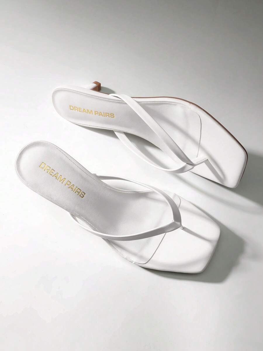 Women Comfortable Kitten Heel Thong Heeled Sandals Fashion Square Open Toe Slip On Casual Slides For Spring Summer Daily Wearing - White - View 1