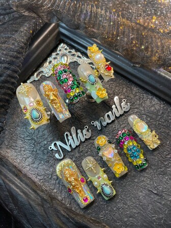 10pcs Long Square Nails,Apricot&Green French Nails,3DThree Dimensional Angel&Heart&Flowers&Moon&Chain Beads&Colorful Nail Gems And Other Nail Decoration Accessories,Cute Baroque Nail Art Set,Suitable For Women To Wear Daily Parties (Includes: A Piece Of Jelly Glue And A Friction Strip)